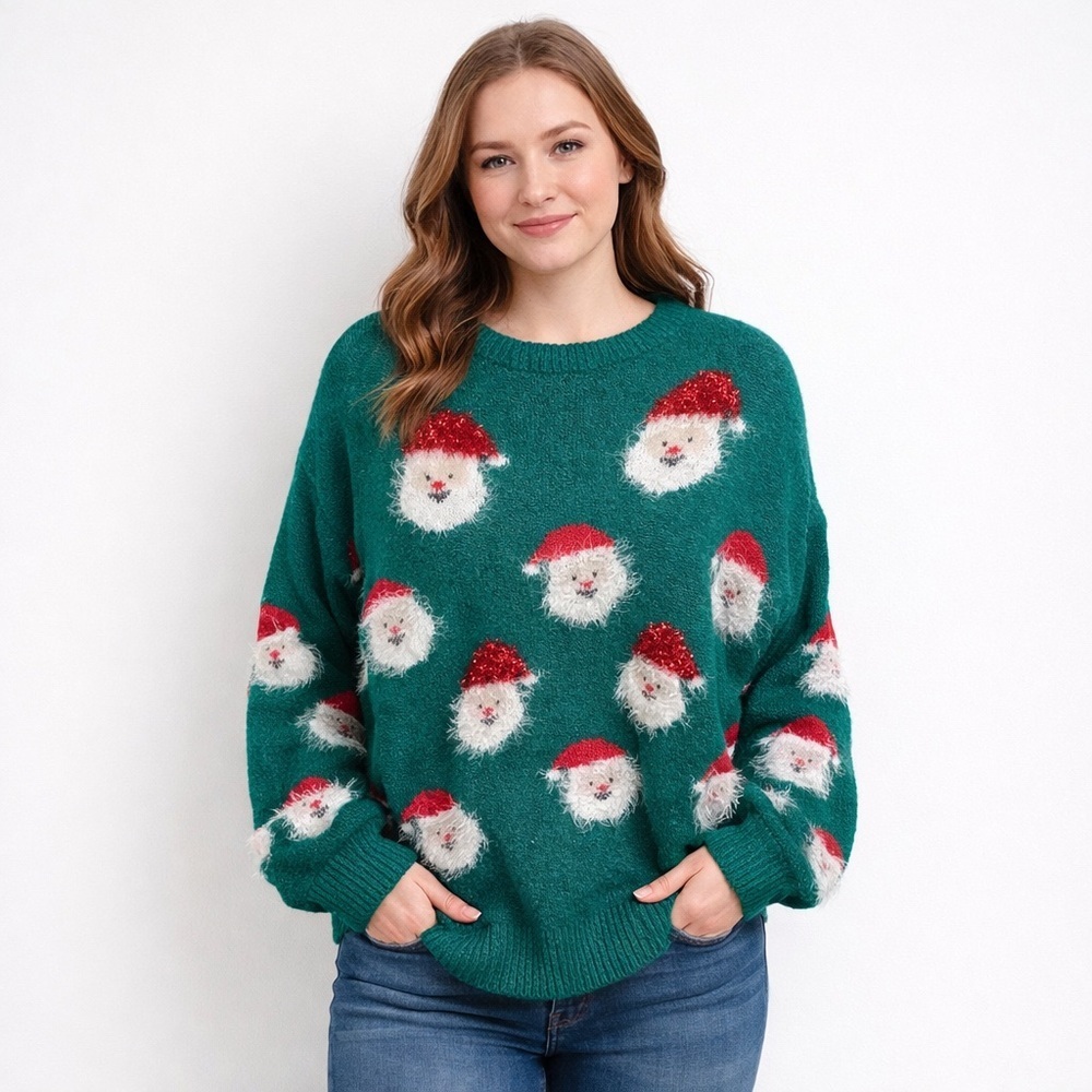 Festive Holiday Green Santa Sweater with fuzzy Santa’s. Oversized Medium.